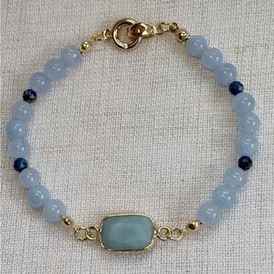 Natural gemstone bracelet-Aquamarine,Lapis Lazuli,gold plated charm.7.5” GIFT !